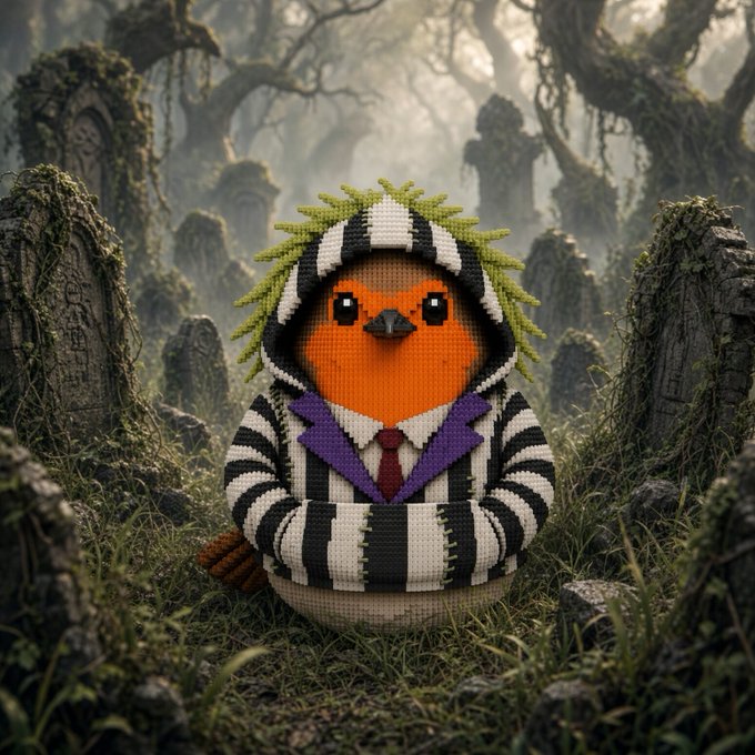 A knitted doll resembling a Beetlejuice-style character with green spiky hair, wearing a black and white striped suit, standing in a foggy graveyard.