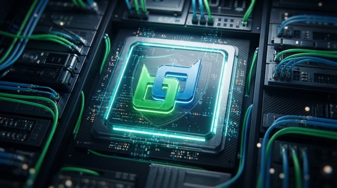 A futuristic 3D rendering of a glowing green and blue shield-shaped tech logo embedded in a circuit board with illuminated cables.