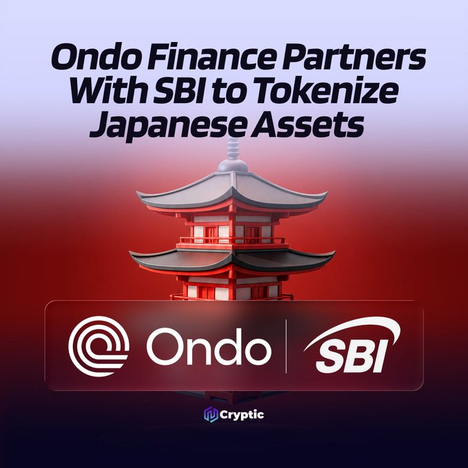 A promotional graphic featuring a red Japanese pagoda against a red gradient background, with the headline "Ondo Finance Partners With SBI to Tokenize Japanese Assets" and the Ondo and SBI logos displayed prominently at the bottom, visually representing the partnership between Ondo Finance and Japan's SBI Group to tokenize Japanese assets using the JPYSC stablecoin.
