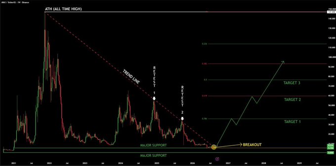 A long-term AVAX/USDT weekly chart shows a descending trendline from the 2021 all-time high, with price currently testing major support near the 0.786 Fibonacci retracement level around $8.50, indicating a potential breakout that could drive the asset toward the 1.618 extension at approximately $95.00. The chart marks three ascending targets ($24, $35, and $95) along Fibonacci extensions, aligning with the post's trade setup of an $8.516 entry targeting $95.00.