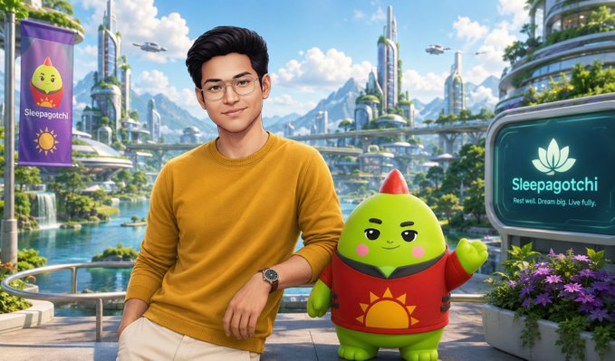 A 3D-rendered man in a yellow sweater stands next to a green mascot character in a futuristic city, with a sign reading 'Sleepagotchi - Rest well. Dream big. Live fully.'