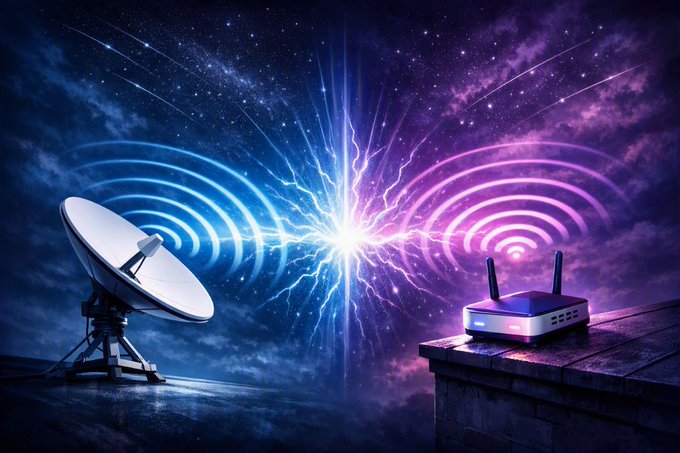 A digital illustration showing a satellite dish on the left and a wireless router on the right, emitting blue and pink signal waves that meet in a bright burst of energy against a starry night sky.