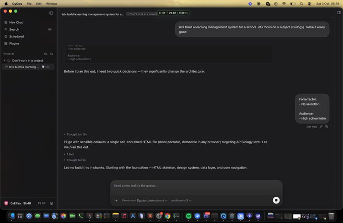 A screenshot of the Cursor AI code editor on a Mac shows a chat interface where a user requested to build a learning management system for a school, focusing on AP Biology, and the AI assistant is outlining the plan.