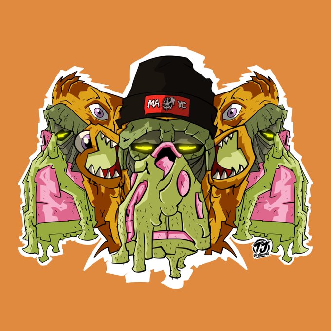 Stylized cartoon artwork featuring three grotesque zombie-like characters with sharp teeth and glowing eyes, with the central figure wearing a black MAYC beanie on an orange background.