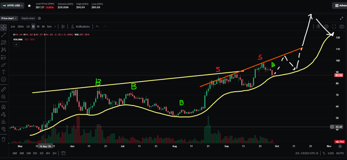 A stock chart for "HYPE/USD" showing price action with yellow moving average lines, red "S" and green "B" markings, and a volume panel at the bottom.