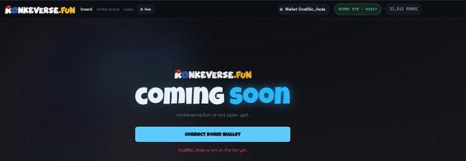 A 'coming soon' landing page for ronkeverse.fun is displayed, showing a 'Connect Ronin Wallet' button and a Discord invite.