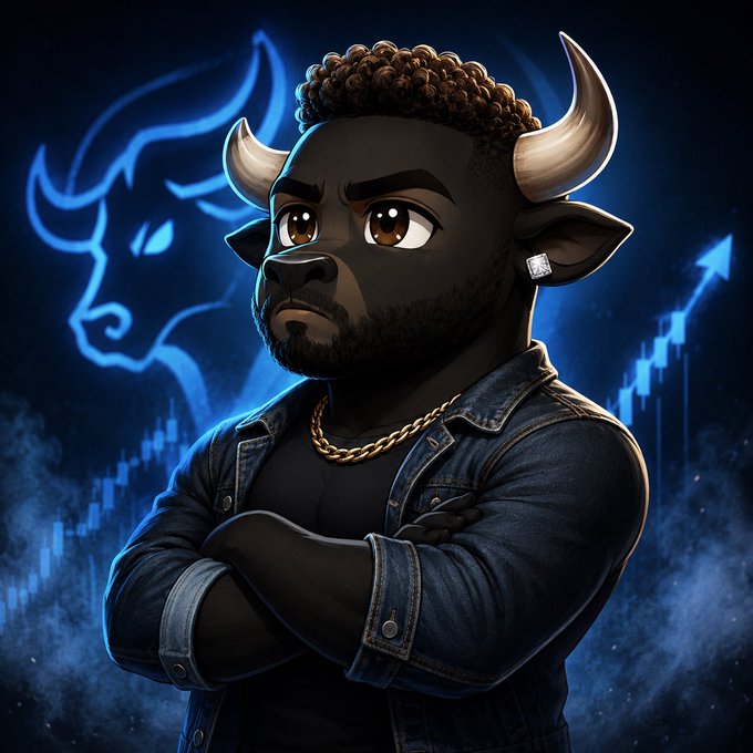 A cartoon-style character depicted as a bullish figure with bull horns, a denim jacket, gold chain, and diamond earring stands with arms crossed against a blue background showing a bull silhouette and rising chart.
