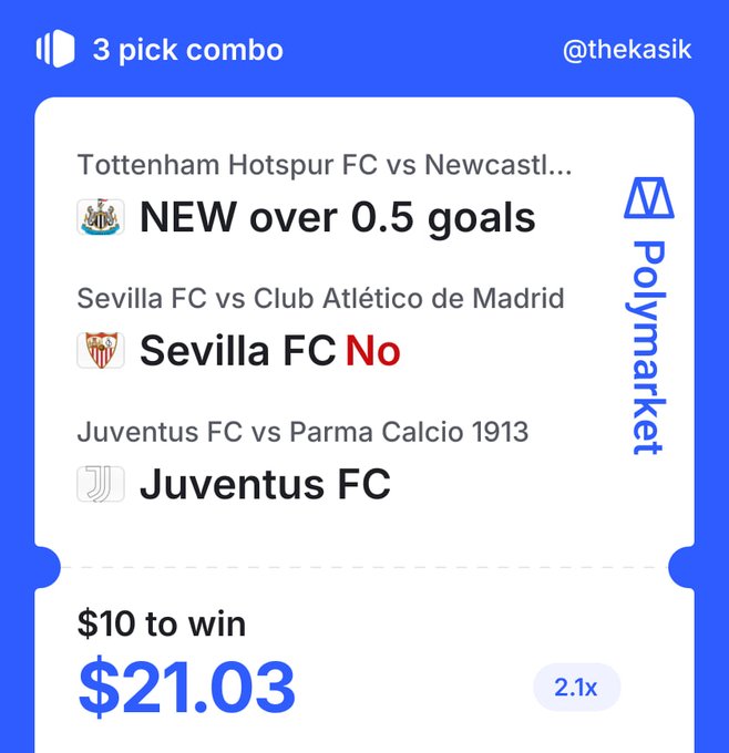 A Polymarket 3-pick combo for $10 to win $21.03 (2.1x) featuring: Newcastle over 0.5 goals vs Tottenham, Sevilla FC to lose vs Atlético Madrid, and Juventus FC to beat Parma. The image complements the post's promotion of weekend football prediction picks on Polymarket, though the combo notably omits the Liverpool match mentioned in the caption.