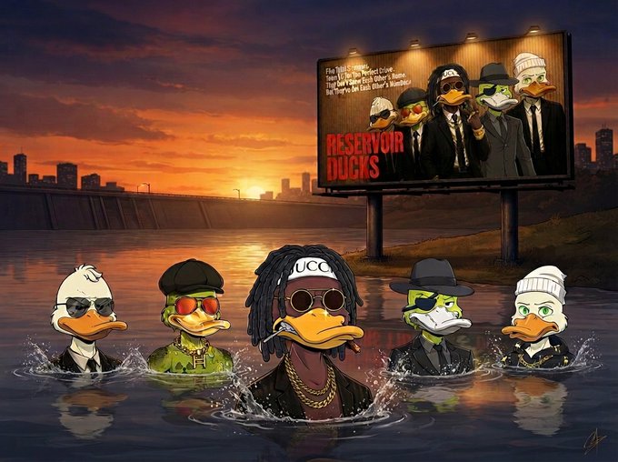 A digital illustration depicting five anthropomorphic ducks in suits wading through water at sunset, with a billboard reading 'RESERVOIR DUCKS' featuring the same characters styled like a movie poster.
