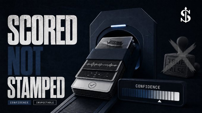 A dark, high-tech graphic reads 'SCORED NOT STAMPED' alongside an illustration of a card with a boat image moving through a scanning device, a 'TRUE/FALSE' stamp, and a 'CONFIDENCE' meter.