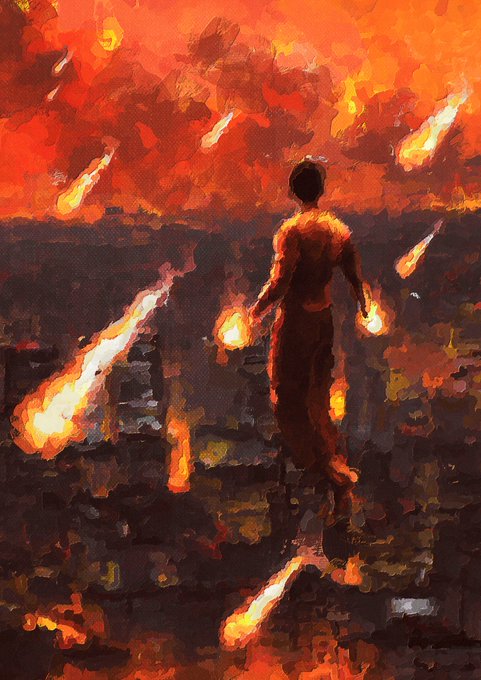 A vibrant, painterly digital artwork depicting a silhouetted figure standing amidst fiery streaks falling from an orange-red sky. The scene has a chaotic, apocalyptic atmosphere with a heavily textured brushstroke style.