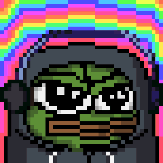 A pixel art illustration depicts a stylized character wearing a dark hoodie, with large white and black eyes set against a green face, set against a rainbow-colored checkered background.