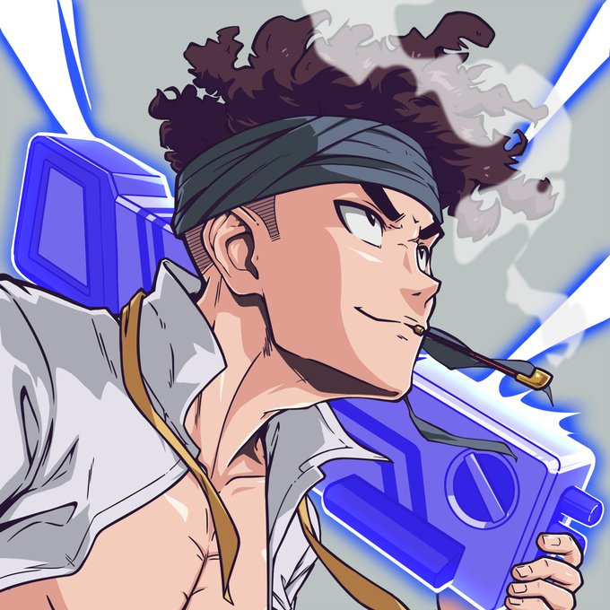 An anime-style illustration shows a young man with an afro and headband, smiling with a cigar in his mouth while carrying a large blue and white device on his shoulder.