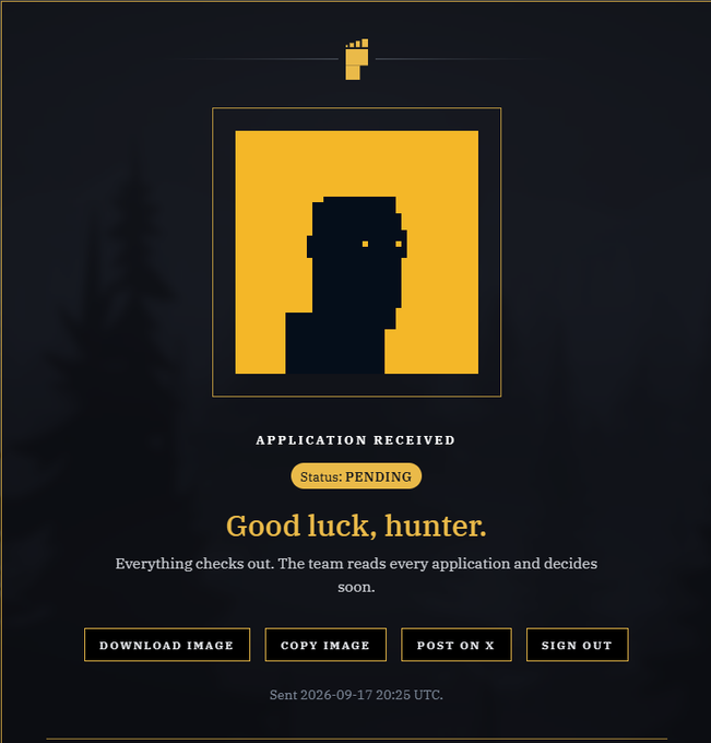 A dark-themed digital application confirmation page with a pixelated character avatar, displaying 'APPLICATION RECEIVED,' 'Status: PENDING,' and 'Good luck, hunter.' with action buttons below.