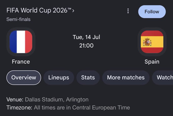 A Google search result displays details for the FIFA World Cup 2026™ Semi-finals match between France and Spain, scheduled for Tuesday, July 14 at 21:00 (CET) at Dallas Stadium in Arlington. The image relates to the post's giveaway, showing the matchup participants that participants must predict the correct score for.