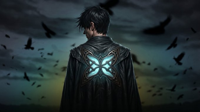A dark-haired figure stands with their back turned, wearing a black coat emblazoned with an ornate glowing teal emblem, surrounded by a flock of black birds against a stormy sky. The image's somber, powerful aesthetic mirrors the post's theme of looming quantum computing dominance, while the lone, capable figure symbolizes Quip Network stepping in to make that emerging power accessible and verifiable.