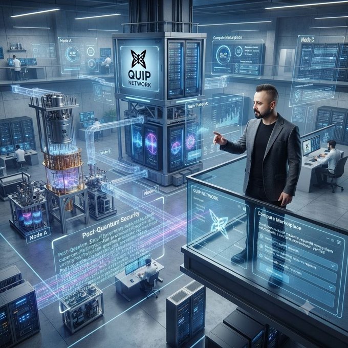 A futuristic tech illustration showing a man in a suit interacting with holographic displays featuring the QUIP NETWORK logo and 'Post-Quantum Security' and 'Compute Marketplace' text.