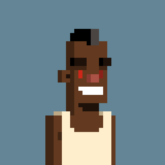 A pixel-art portrait of a dark-skinned male character with black hair, red eyes, and a white tank top against a blue background. The image represents "CypherPunk #1," the first NFT in an auction series, with its low-resolution digital aesthetic fitting the crypto/punk theme described in the post.