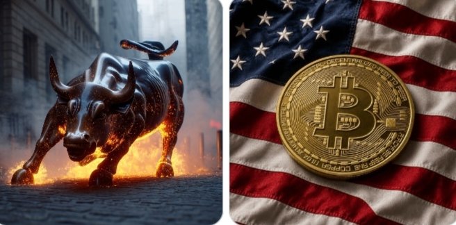 A fiery bronze bull charges through flames on the left, paired with a golden Bitcoin coin stamped with the "₿" symbol resting on the American flag on the right. The imagery visually captures the post's theme of surging U.S. spot Bitcoin ETF demand, with the bull symbolizing the powerful institutional comeback and $730.8M single-session inflow that signals strengthening market momentum.