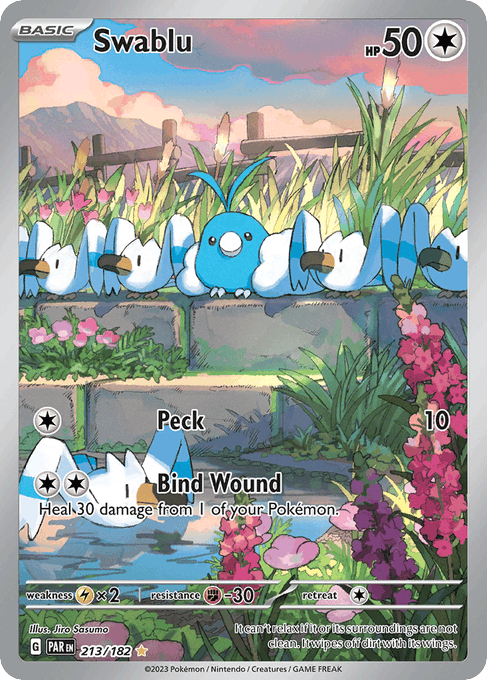 A Pokémon trading card featuring Swablu, a Basic Pokémon with 50 HP, illustrated by Jiro Sasumo (card 213/182), showing the character among a flock of others with attacks 'Peck' and 'Bind Wound'.