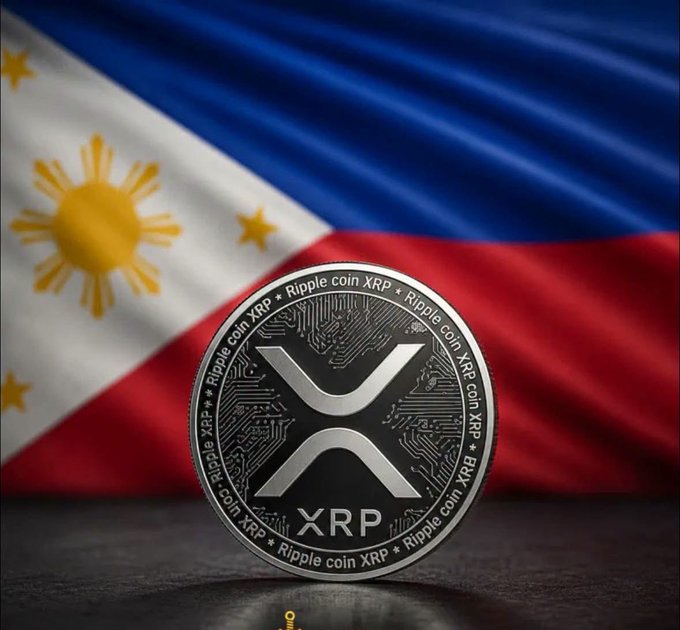 An XRP coin sits in front of the Philippine flag, visually representing XRP's expansion for payments in the Philippines. The coin clearly displays the XRP logo and the text "Ripple coin XRP".