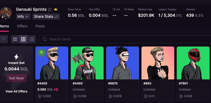 Screenshot of a NFT marketplace showing the Gensuki Sprints collection with a floor price of 0.56 SOL, market cap of $201.9K, and various character NFT listings.