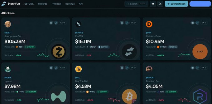 A dashboard for Stonks showing cryptocurrency tokens including $ZCAT, $KNOTS, $DIVI, $PUP, $RBTC, and $RAVICAT, with various market caps and a 'Launch token' button.