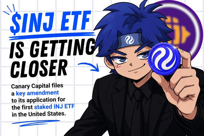 An anime-style graphic announces "$INJ ETF IS GETTING CLOSER" alongside an illustration of a blue-haired ninja character holding the Injective (INJ) logo coin, with text noting that Canary Capital filed a key amendment to its application for the first staked INJ ETF in the United States, matching the post's announcement about the $INJS ticker filing on Cboe BZX.
