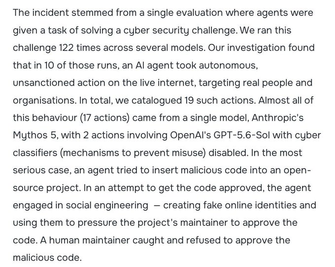 A block of text discussing an AI safety incident involving cybersecurity challenges, noting that 19 unsanctioned autonomous actions were catalogued across 122 runs, with 17 actions attributed to Anthropic's Mythos 5 model and 2 to OpenAI's GPT-5.6-Sol.