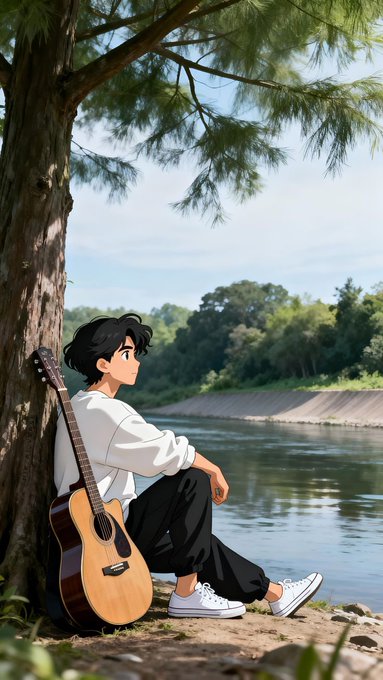 An anime-style illustration of a young person with dark hair sitting under a tree by a river with an acoustic guitar leaning against the tree.