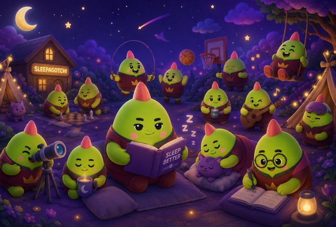 A whimsical digital illustration titled 'SLEEPAGOTCHI' showing cute green pear-like creatures in pajamas engaging in nighttime activities like stargazing, reading, playing music, and jumping rope under a starry sky.