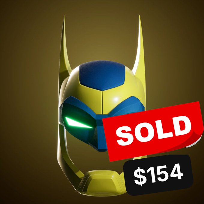 A 3D rendered yellow and blue superhero-style helmet with glowing green eyes, featuring a red "SOLD" banner and a price tag of "$154" displayed on the right.