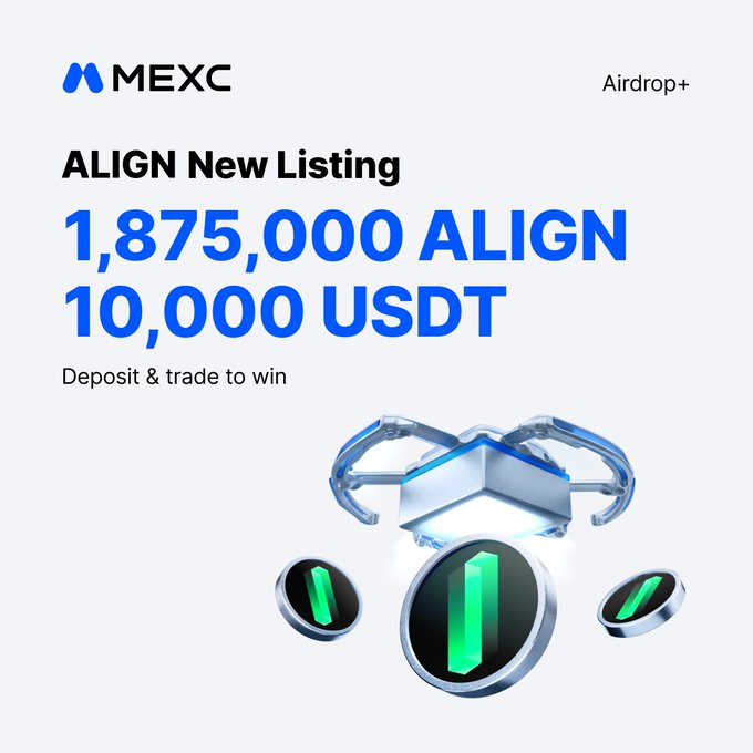 A MEXC Airdrop+ promotional graphic for the new ALIGN listing, featuring bold text announcing "1,875,000 ALIGN" and "10,000 USDT" prizes for depositing and trading, alongside a futuristic 3D rendering of metallic ALIGN coin tokens. The image visually reinforces the post's announcement of the $ALIGN token trading launch on August 20, 2026, and the airdrop campaign rewarding users during the two-week event period.