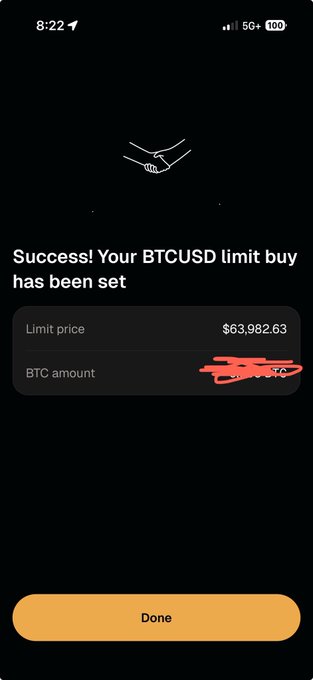 A mobile trading app screen showing 'Success! Your BTCUSD limit buy has been set' with a limit price of $63,982.63, though the BTC amount is redacted with red scribbles.
