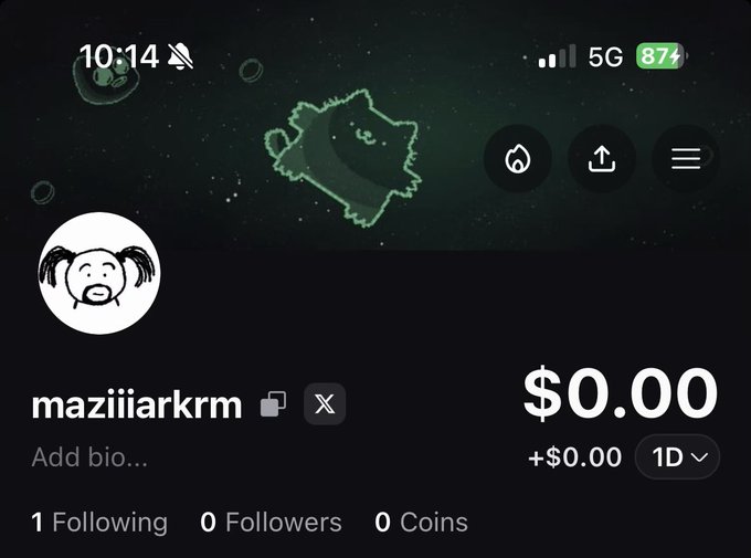 A profile screen for user 'maziiiarkrm' shows a $0.00 balance, 0 Coins, 1 Following, and 0 Followers, with a doodle-like avatar and green wallpaper.