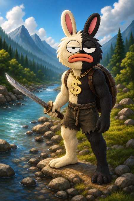 An anthropomorphic black and white rabbit wearing a large gold "$" chain necklace and a turtle shell backpack stands by a river holding a sword. The image appears to be a satirical meme about the suspicious crypto airdrop scam claiming to give away 200,000 $SOL and $BORO tokens, with the "dressed-up" rabbit likely symbolizing the deceptive nature of the giveaway.