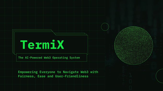 A dark-themed digital graphic features the "TermiX" logo styled like a computer folder, tagged as "The AI-Powered Web3 Operating System," with a tagline emphasizing fairness and user-friendliness in Web3 navigation, alongside a glowing green circuit-like sphere. The post discusses trust between unfamiliar AI agents, which directly aligns with TermiX's promise of providing a secure, fair platform for AI agents to transact and collaborate in the Web3 space.