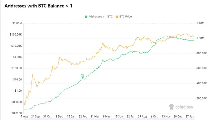 A line chart from Coinglass titled "Addresses with BTC Balance > 1" tracks the growth of Bitcoin addresses holding at least 1 BTC (green line, left axis) alongside BTC Price (orange line, right axis) from mid-August to late January, showing the green line climbing steadily to surpass the 1M mark as BTC trades around $100K—visually confirming the milestone of over one million Bitcoin addresses now holding at least 1 BTC.