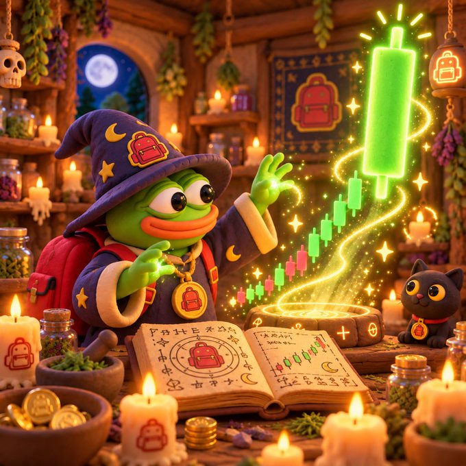 A Pepe the Frog character dressed as a wizard with a backpack casts a spell, summoning a glowing green candlestick chart that morphs into a doji candlestick, surrounded by candles and an open spellbook with a black cat nearby.