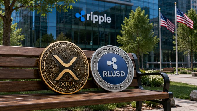 Two coins representing XRP and RLUSD sit on a park bench outside the Ripple headquarters, symbolizing the growing synergy between the two digital assets as RLUSD trading exceeds $900M and continues to boost XRP Ledger transaction volume and liquidity.