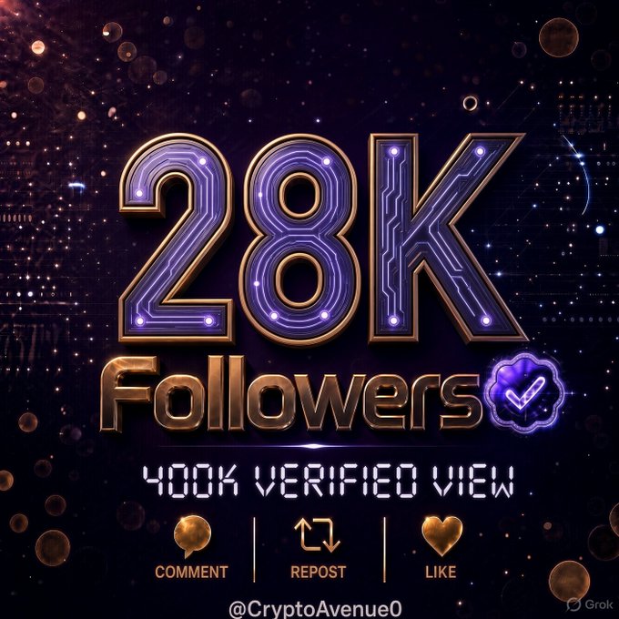 A celebratory graphic displaying '28K Followers' with '400K VERIFIED VIEW' and the handle '@CryptoAvenue0'.