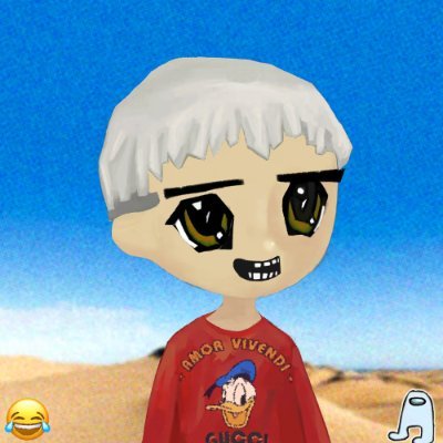 A chibi-style cartoon character with white hair wearing a red Gucci t-shirt against a desert backdrop, featuring laughing and ghost emojis at the bottom.