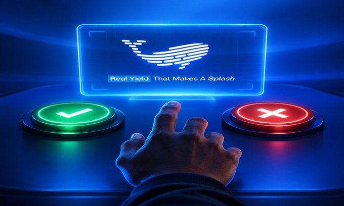 A hand presses a green checkmark button beneath a holographic display reading "Real Yield That Makes A Splash" with a whale logo, set between glowing green check and red X buttons. The image symbolizes the verdict the reviewer reached after testing SpoutFi's beta platform—the decisive approval (green check) of its real yield offering featuring the whale-branded interface.