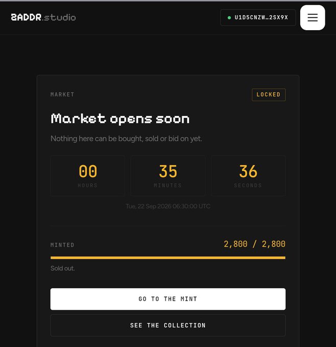 A BADDR.studio webpage showing a locked NFT market with countdown timer and 2,800/2,800 minted.