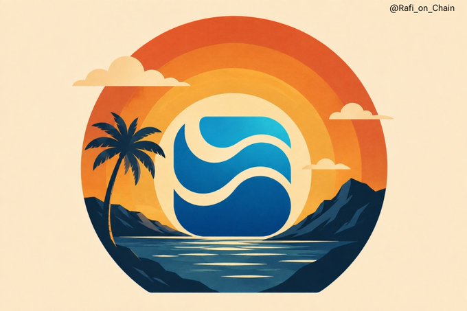 A circular digital illustration featuring a stylized blue water symbol, palm tree silhouette, mountains, and orange sunburst background, with the text '@Rafi_on_Chain' in the corner.