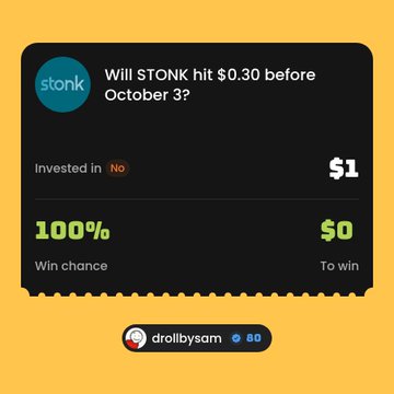 A screenshot of a Polymarket prediction asking 'Will STONK hit $0.30 before October 3?' showing 'No' invested with $1, a 100% win chance, and $0 to win.