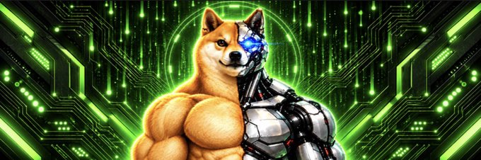 A Shiba Inu dog split down the middle into a flesh-and-blood canine on one side and a chrome robotic skeleton with glowing blue eyes on the other, set against a vibrant green circuit board backdrop. The image visually represents the "Superior Inu" ($SI) meme coin concept merging dog imagery with AI, aligning with the post's narrative of rebranding toward an AI-focused token on Robinhood Chain.