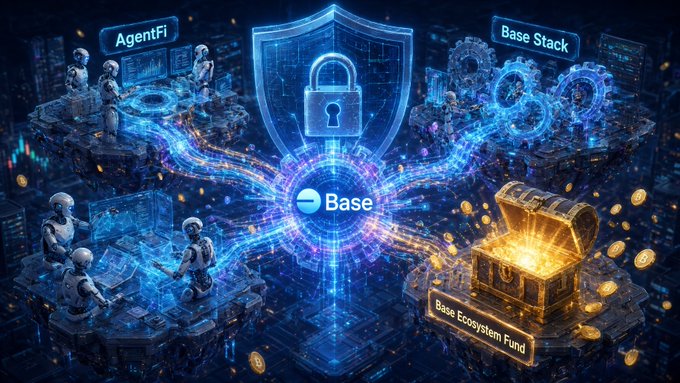 A futuristic digital illustration depicting the 'Base' blockchain ecosystem, featuring a central padlock shield labeled 'Base' with connections to 'AgentFi', 'Base Stack', and a glowing 'Base Ecosystem Fund' treasure chest.