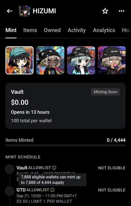 A mobile app screen showing the 'HIZUMI' NFT collection mint page with 0/4,444 items minted, displaying cartoon character avatars and mint schedule information.