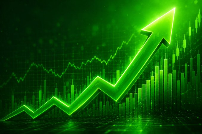 A bright green upward arrow rises over a background of stock market charts and bar graphs.